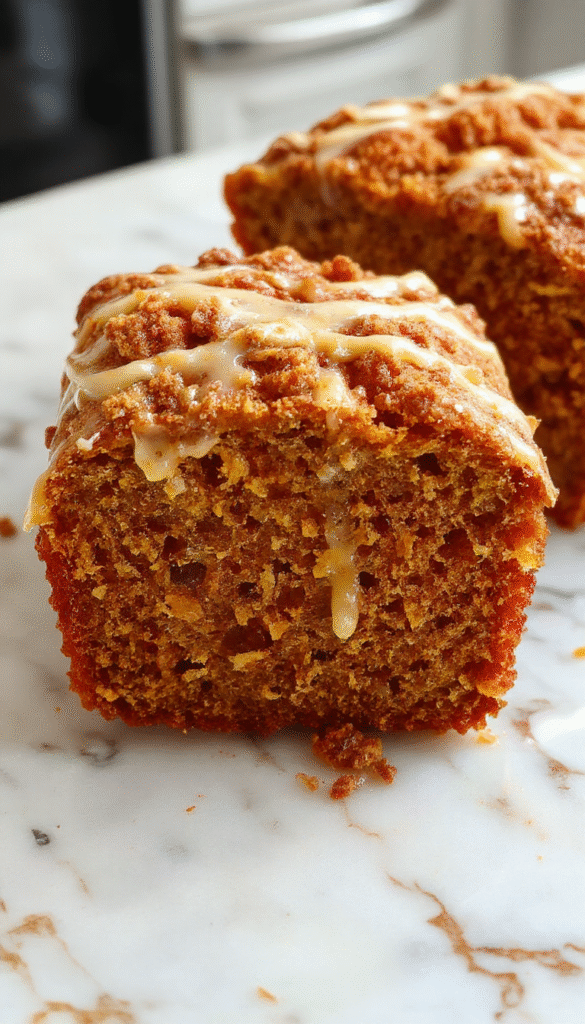 A rustic slice of Florida Orange Pumpkin Bread topped with golden streusel and drizzled with glossy orange glaze, presented on a white plate with a vibrant orange background, showcasing the bread's moist interior and crispy topping.