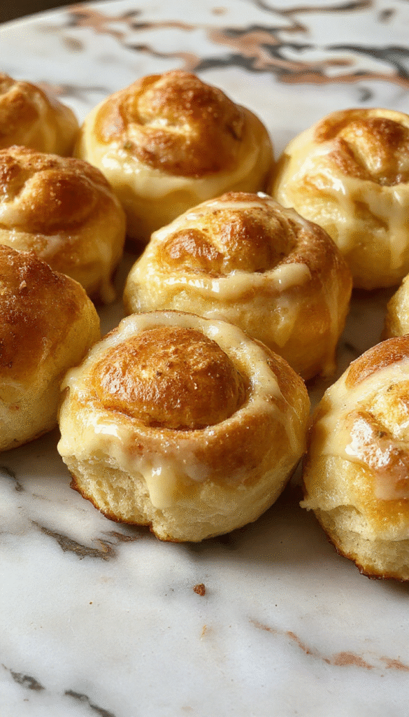 A stack of golden, fluffy breakfast rolls with a soft interior and shiny crust, placed on a rustic wooden tray. The rolls are garnished with butter and fresh herbs, with a bright table setting and warm natural light highlighting their airy texture and inviting appearance.