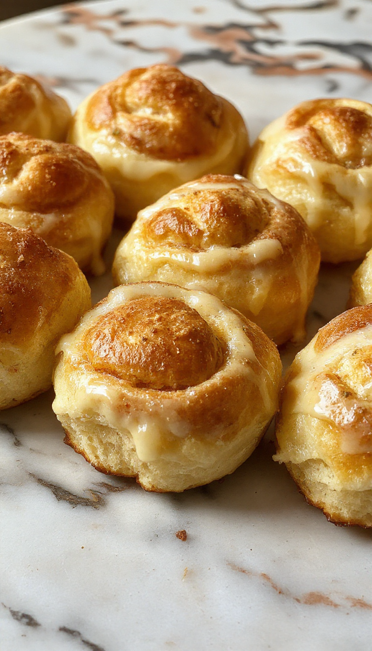 A stack of golden, fluffy breakfast rolls with a soft interior and shiny crust, placed on a rustic wooden tray. The rolls are garnished with butter and fresh herbs, with a bright table setting and warm natural light highlighting their airy texture and inviting appearance.