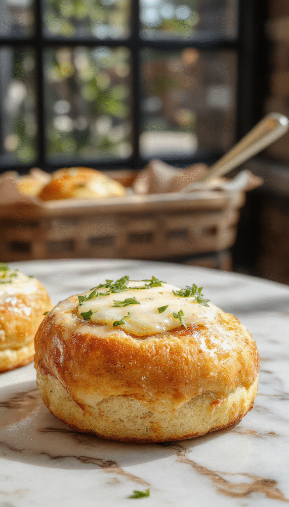 Golden-brown garlic butter bread rolls arranged on a rustic wooden platter, topped with fresh parsley, with a soft and fluffy interior visible through a sliced roll, drizzled with melted garlic butter, styled with a sprig of parsley on the side.