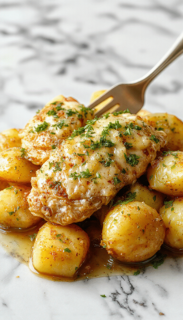 A steaming bowl of garlic parmesan crockpot chicken and potatoes, golden browned chicken pieces with crispy edges, tender roasted potatoes topped with fresh parsley, all presented on a rustic wooden table with a sprinkle of grated parmesan cheese and chopped herbs, vibrant colors, crispy textures, inviting and hearty