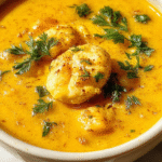 A vibrant bowl of golden turmeric chicken soup garnished with fresh herbs and slices of cooked chicken, served in a rustic white bowl with steam rising, set against a light wooden background with colorful vegetables and herbs nearby.