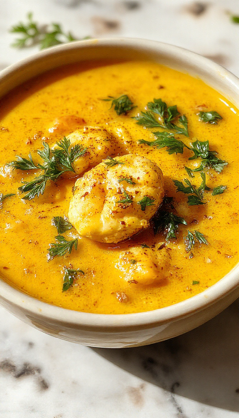 A vibrant bowl of golden turmeric chicken soup garnished with fresh herbs and slices of cooked chicken, served in a rustic white bowl with steam rising, set against a light wooden background with colorful vegetables and herbs nearby.