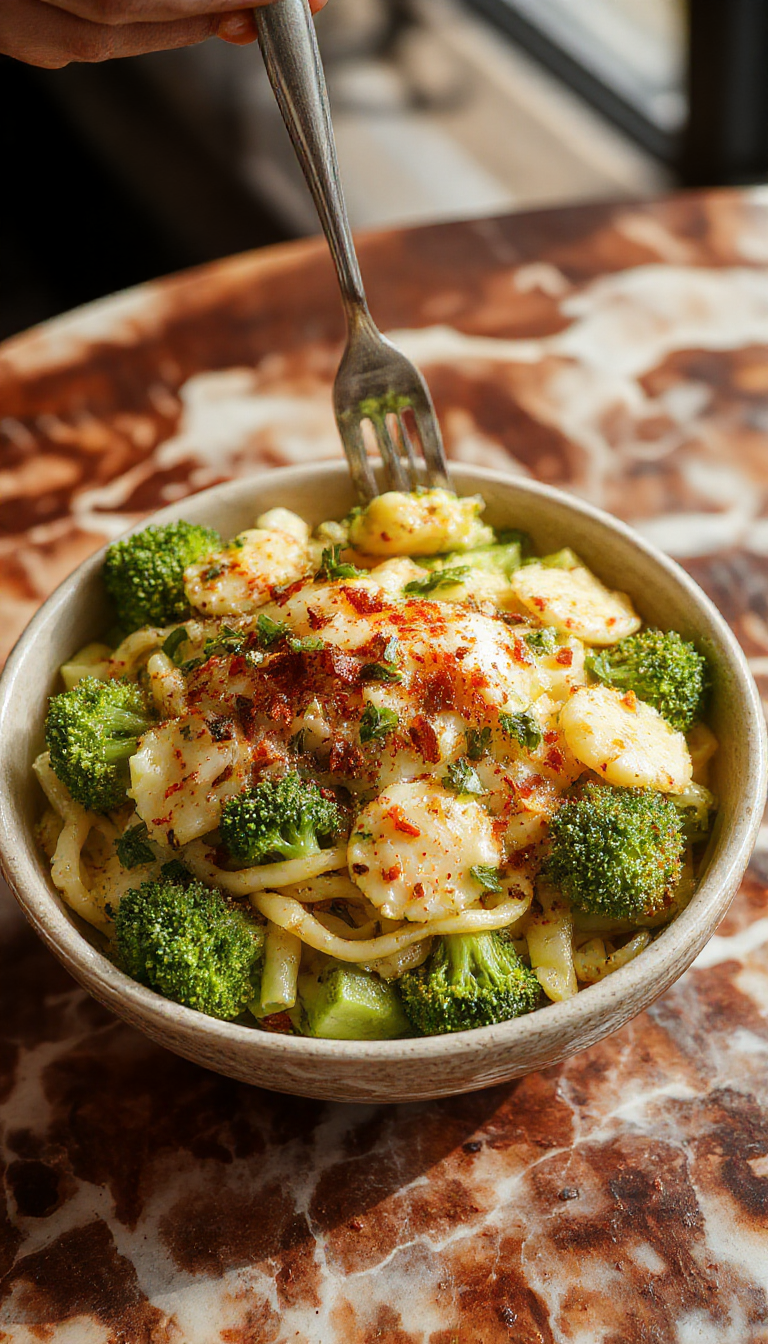 A vibrant plate of healthy broccoli pasta featuring al dente pasta tossed with fresh green broccoli florets, sprinkled with grated cheese and herbs, presented on a white ceramic plate with a rustic wooden table background, highlighting the textures and colors of the dish