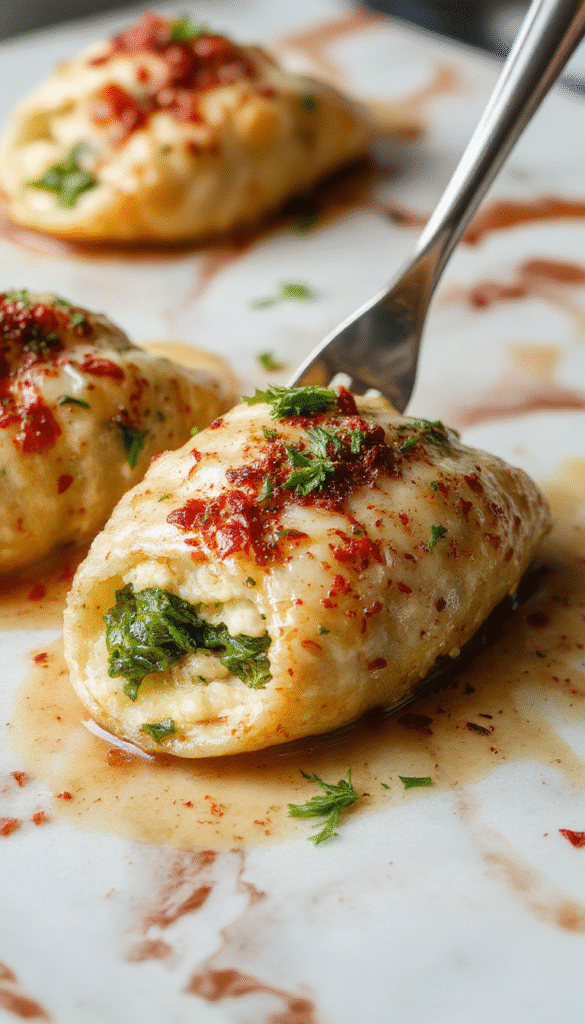 A close-up of baked spinach and ricotta stuffed shells arranged on a white plate, topped with melted cheese and garnished with fresh basil, showcasing vibrant green spinach filling and creamy ricotta in golden-brown shells.