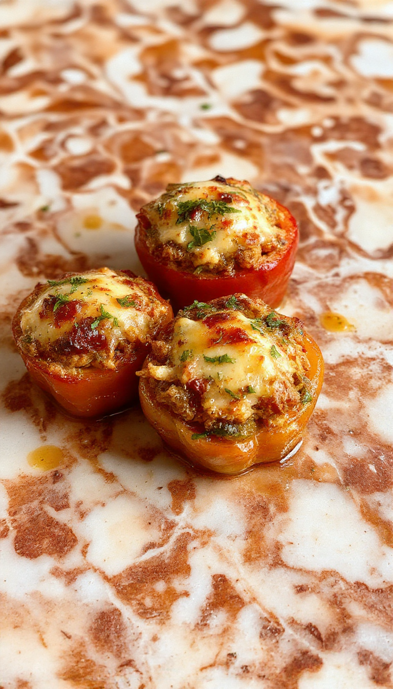 Colorful bell peppers filled with a savory mixture of rice, vegetables, and melted cheese, arranged on a white plate with fresh herbs garnish, vibrant red, green, and yellow peppers with a textured filling, styled simply for a inviting presentation.