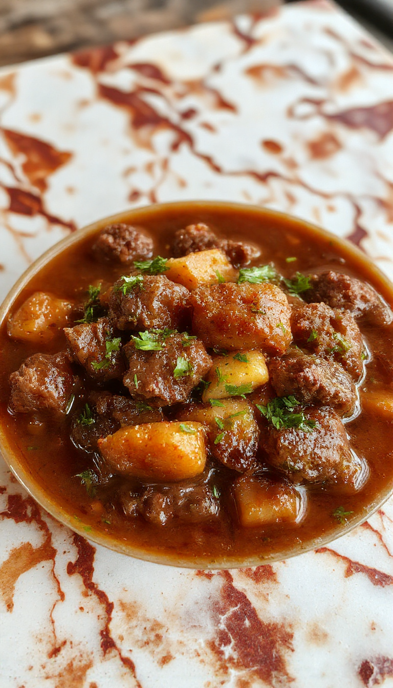A steaming bowl of hearty beef stew with tender beef chunks, carrots, potatoes, and green beans, garnished with fresh herbs, served on a rustic wooden table with a spoon and a napkin nearby.
