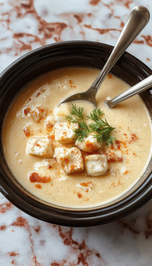 A warm bowl of chicken parmesan soup garnished with melted cheese, fresh basil leaves, and crispy bread crumbs, styled on a rustic wooden surface with a spoon resting beside it.