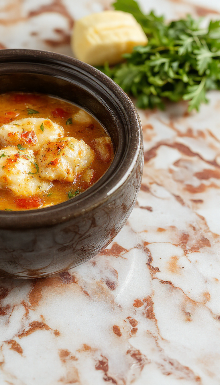 A steaming bowl of chicken parmesan soup garnished with melted cheese, fresh basil, and crispy bread crumbs, surrounded by ingredients like shredded chicken, marinara sauce, and grated cheese, styled on a rustic wooden table with a warm, inviting atmosphere.