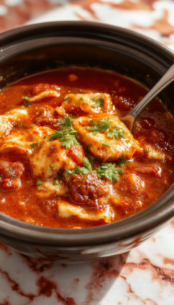 A steaming bowl of crockpot lasagna soup topped with melted cheese, fresh basil, and a dollop of sour cream, surrounded by slices of bread and herbs, with a rustic wooden background.