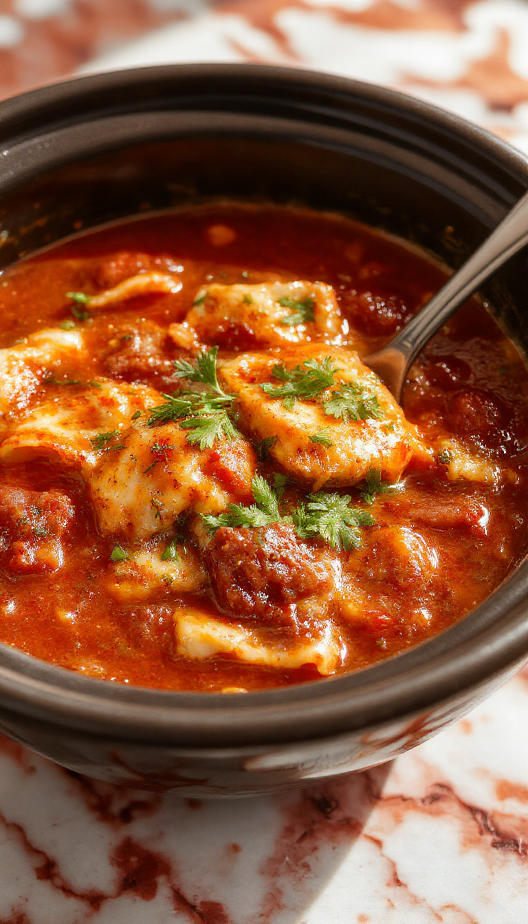 A steaming bowl of crockpot lasagna soup topped with melted cheese, fresh basil, and a dollop of sour cream, surrounded by slices of bread and herbs, with a rustic wooden background.