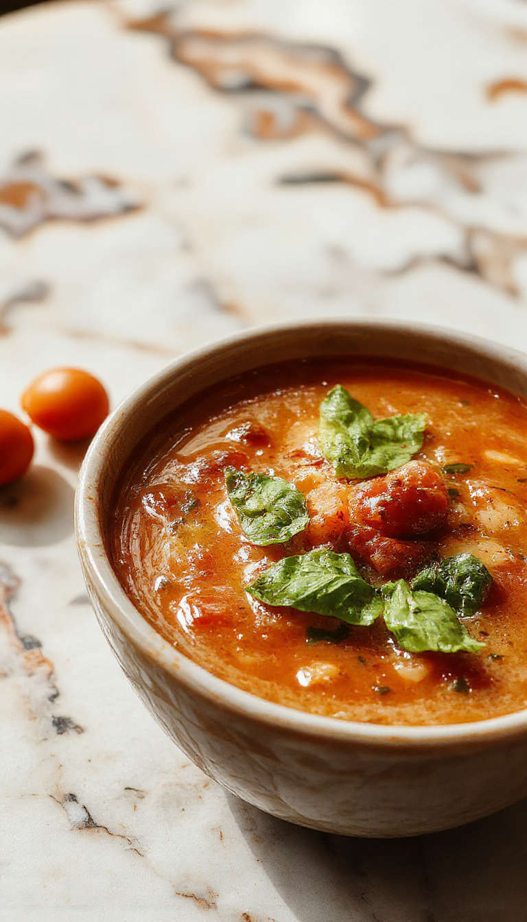 A vibrant bowl of roasted tomato basil soup garnished with fresh basil leaves, served with a drizzle of olive oil and croutons on top, bright red and green colors contrasting beautifully, styled on a rustic wooden table with a spoon beside the bowl.