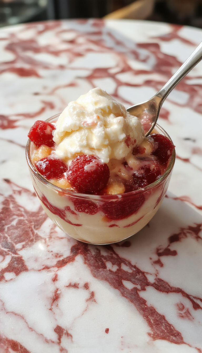 A vibrant layered trifle in a clear glass bowl featuring colorful fresh strawberries, blueberries, and kiwi slices layered with creamy custard and whipped cream, topped with crushed graham crackers and a sprig of mint, styled elegantly with a bright background and soft lighting to emphasize the textures and freshness.