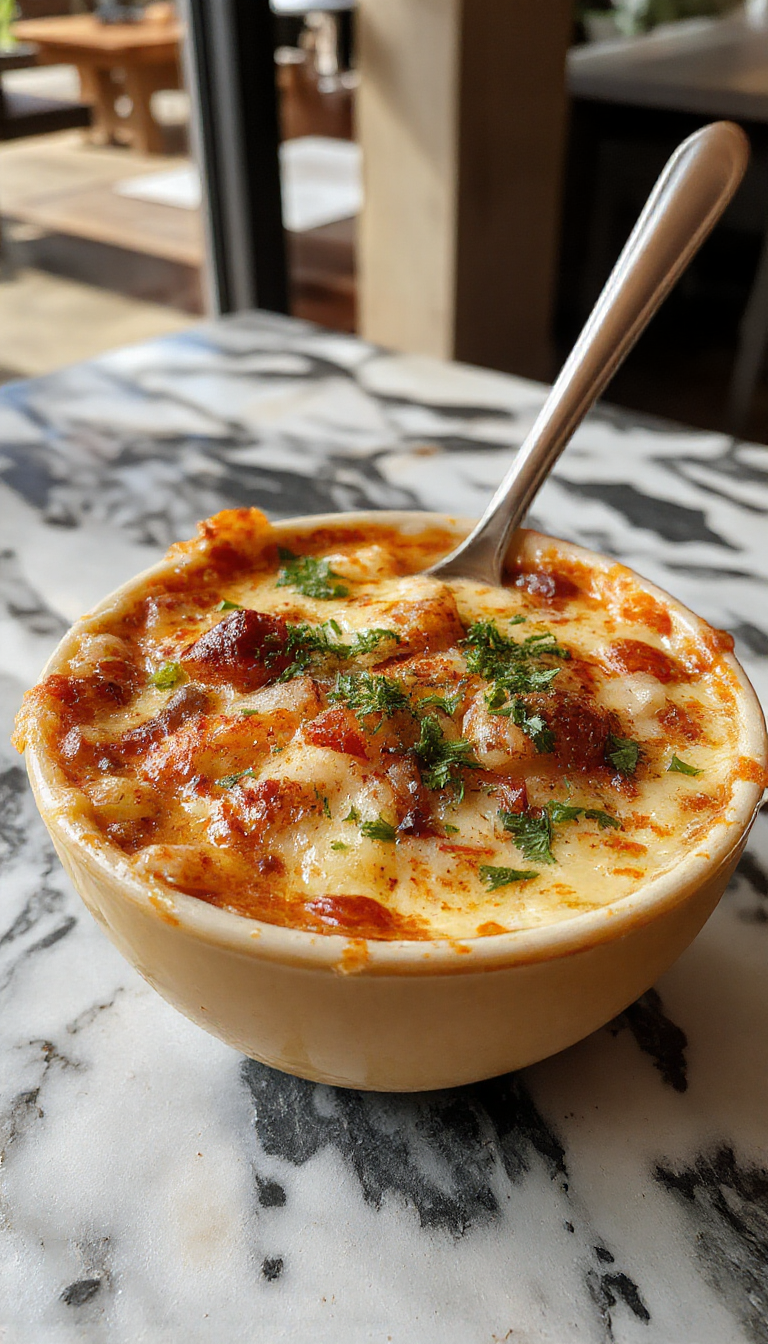 A round pizza topped with caramelized onions, melted cheese, and crispy golden crust, garnished with fresh herbs, served on a rustic wooden board