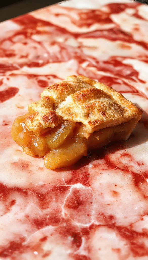 A golden-brown homemade apple pie sits on a rustic wooden table, topped with a shiny apple glaze and a dusting of powdered sugar. The pie's lattice crust reveals juicy apple filling inside, with slices of fresh apples and cinnamon sticks nearby. The scene is warm and inviting, styled with a vintage plate and a fork, evoking comfort and homemade charm.