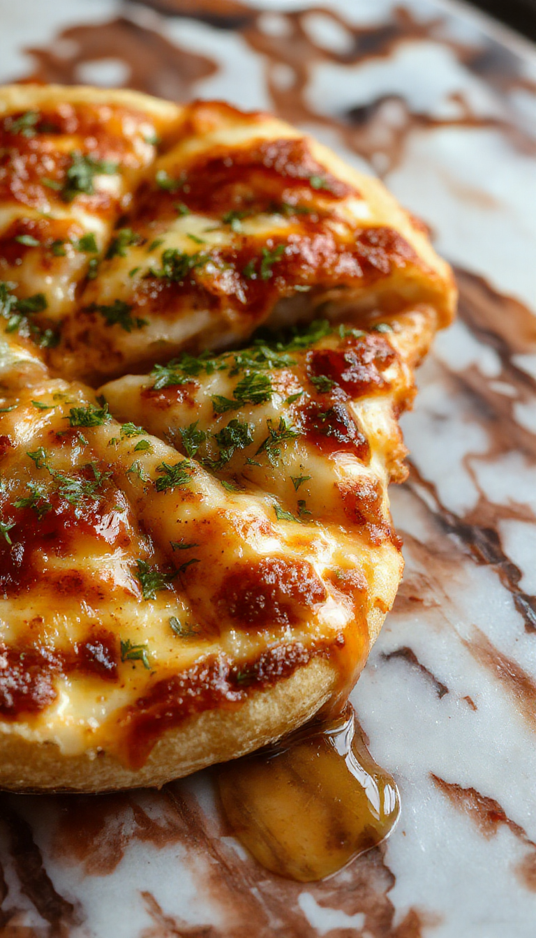 A close-up of a golden-brown pizza topped with caramelized onions, melted cheese, and fresh herbs, served on a rustic wooden cutting board with a slice lifted to reveal gooey cheese and crispy crust, styled with a sprig of thyme