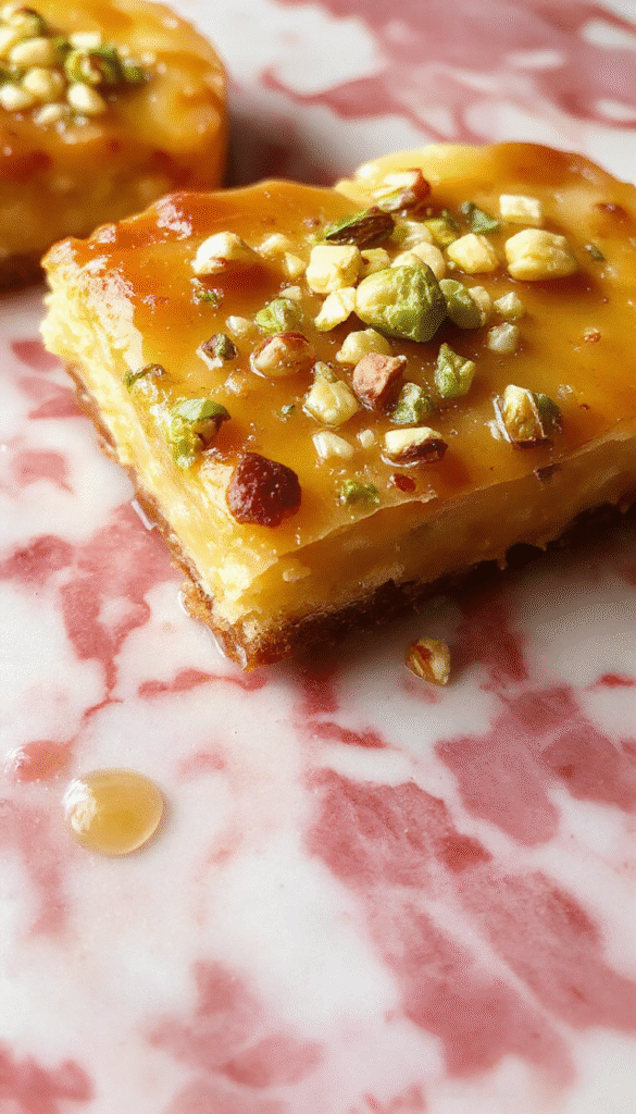 A beautifully plated Honey Pistachio Baklava Cheesecake showcasing a slice with a golden honey glaze, crushed pistachios, and flaky baklava layers on a white ceramic plate against a rustic wooden background. The cake has a creamy texture with visible pistachio chunks and a shiny, sweet honey topping. Fresh pistachios are artistically sprinkled on top, styled with a silver fork beside it, emphasizing elegance.