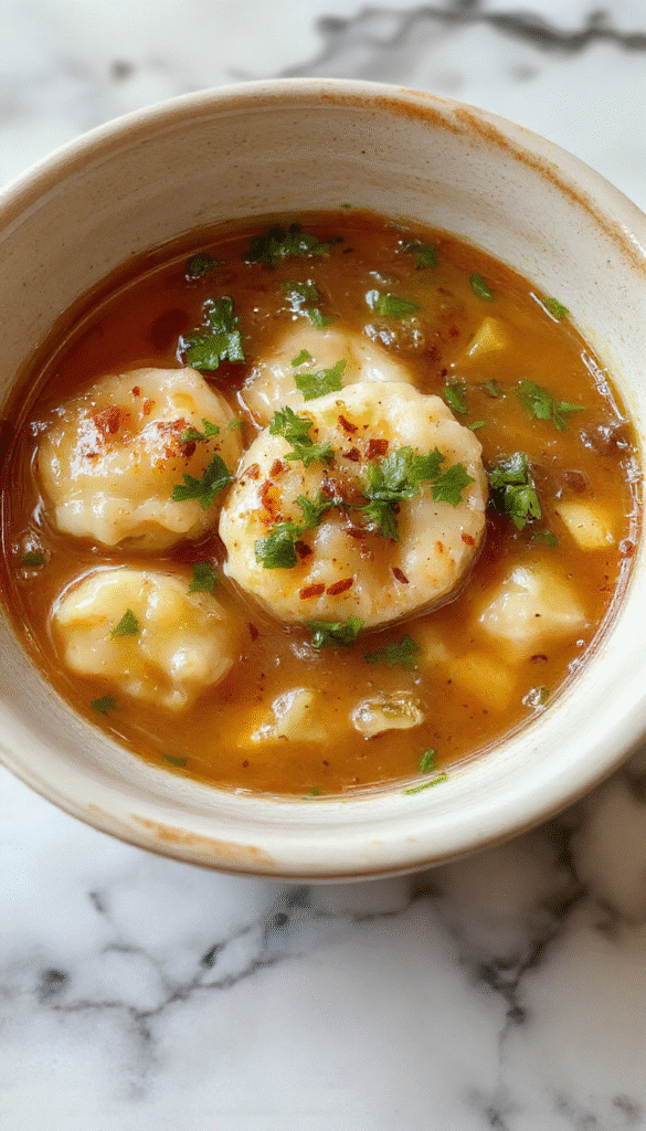 A vibrant bowl of gyoza soup featuring golden-brown dumplings floating in clear broth, garnished with chopped scallions and sesame seeds, presented in a white ceramic bowl with a rustic wooden background