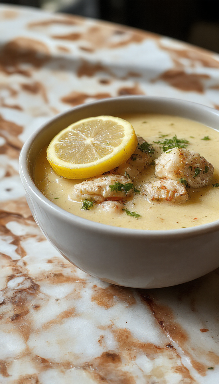 A vibrant bowl of Lemon Chicken Piccata Soup with tender chicken pieces, bright lemon slices, capers, and fresh herbs, beautifully arranged on a rustic wooden table with steam rising and a spoon ready for tasting.