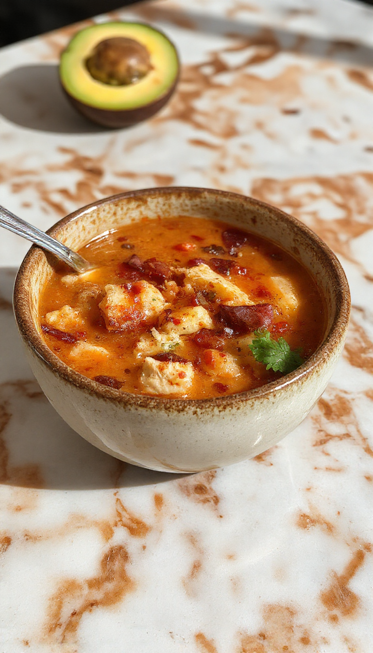 A vibrant bowl of low carb chicken tortilla soup featuring shredded chicken, diced tomatoes, and melted cheese, garnished with fresh cilantro and lime, presented in a rustic bowl on a wooden table with colorful ingredients around.