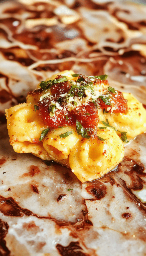 A beautiful white plate filled with colorful tortellini pasta coated in a vibrant tomato sauce, garnished with fresh basil leaves, and sprinkled with grated cheese, set against a rustic wooden background with a sprig of basil nearby.
