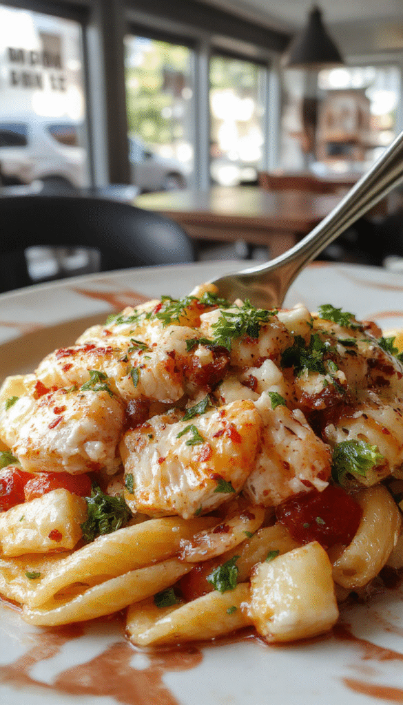 Colorful Mediterranean chicken pasta salad arranged on a white plate, featuring tender grilled chicken, spiral pasta, cherry tomatoes, cucumbers, kalamata olives, feta cheese, and fresh herbs, drizzled with olive oil and herbs, styled with a rustic wooden background.
