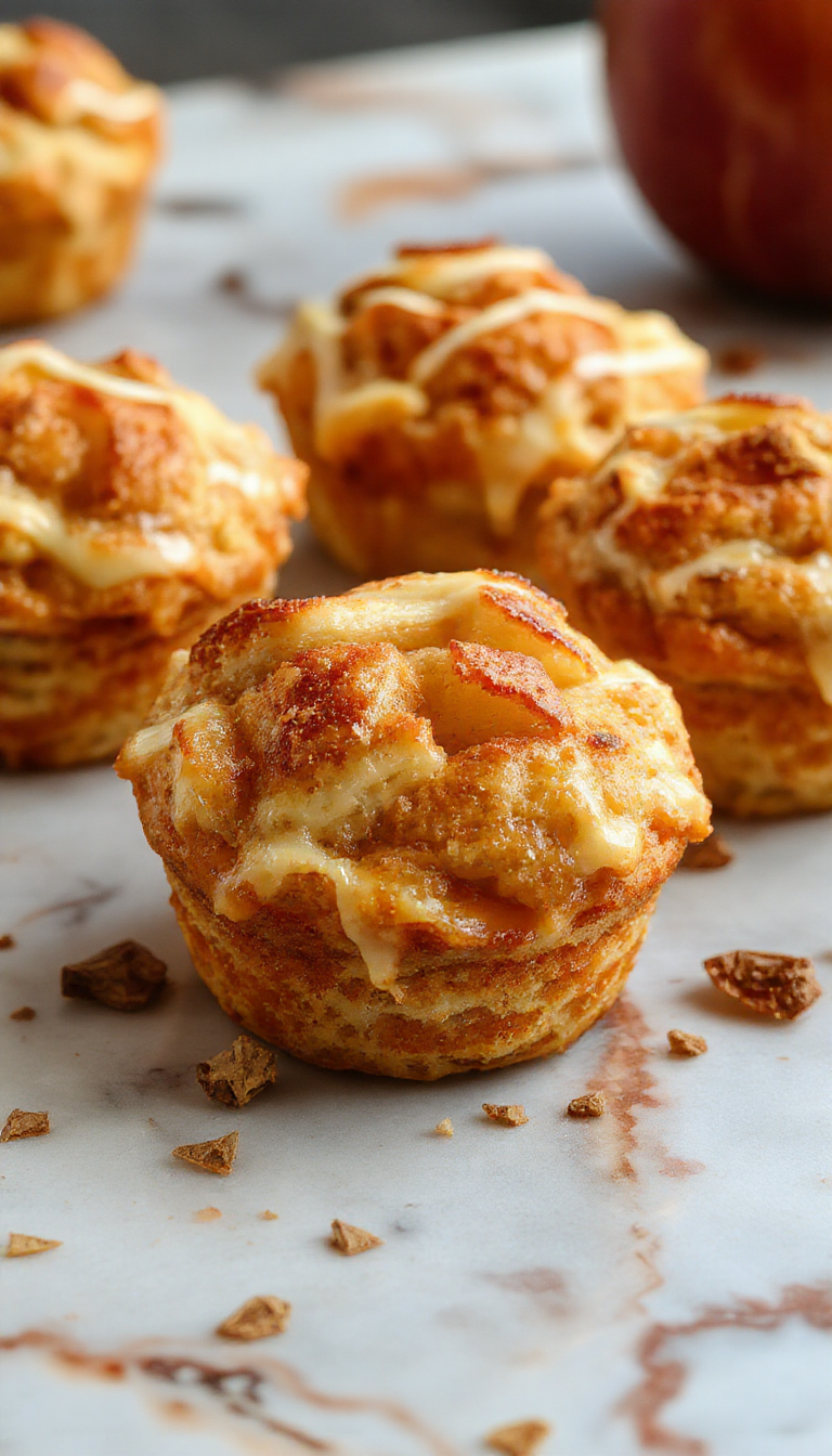 Colorful mini apple pies in muffin cups with golden crust and caramelized apple filling, garnished with cinnamon and sugar, placed on a rustic wooden surface with a scattering of cinnamon sticks and apple slices.