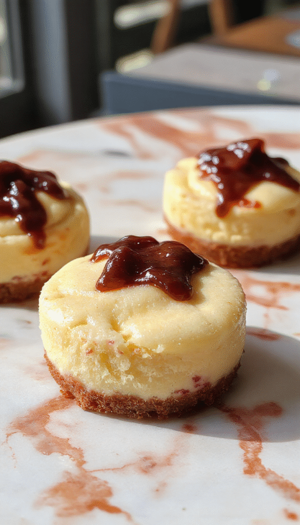 A row of glossy mini cheesecakes with golden biscuit crusts topped with smooth cream cheese filling and a cherry garnish, arranged on a white platter with a blurred background, colorful sprinkles for decoration.