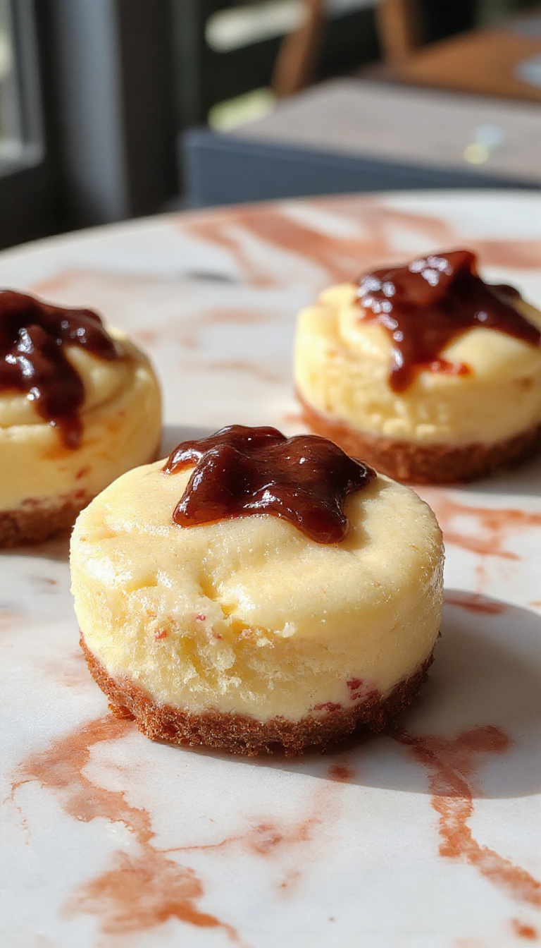 A row of glossy mini cheesecakes with golden biscuit crusts topped with smooth cream cheese filling and a cherry garnish, arranged on a white platter with a blurred background, colorful sprinkles for decoration.