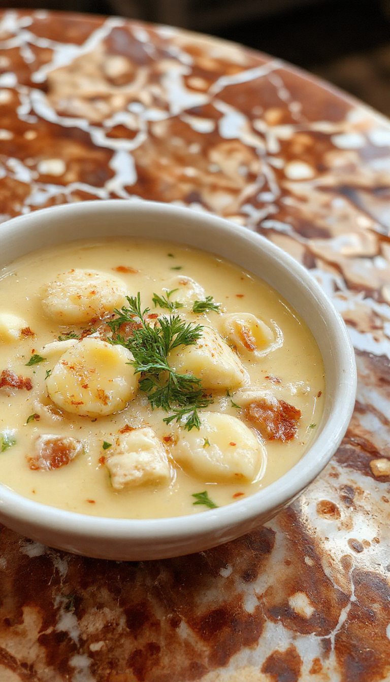 A warm, comforting bowl of chicken gnocchi soup with vibrant greens sprinkled on top, served in a rustic white bowl, with a spoon resting beside, showcasing tender gnocchi, shredded chicken, and leafy herbs against a cozy wooden table background.