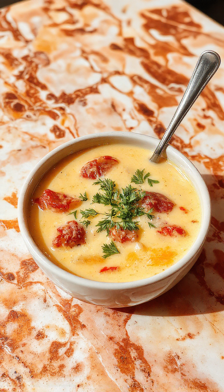 A steaming bowl of hearty soup with vibrant vegetables, tender chicken pieces, and fresh herbs sprinkled on top, served in a rustic white bowl on a wooden table, with a side of crusty bread and a spoon ready for enjoyments.