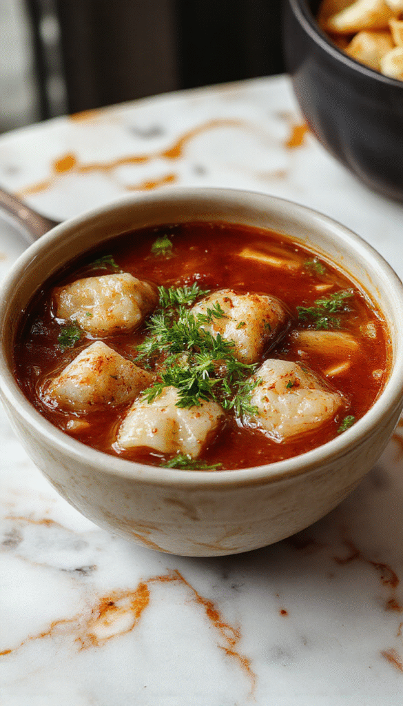 A vibrant bowl of cozy potsticker soup featuring golden-brown potstickers floating in a steaming clear broth garnished with chopped green onions and sesame seeds, served on a rustic wooden table with chopsticks and a side of fresh herbs.