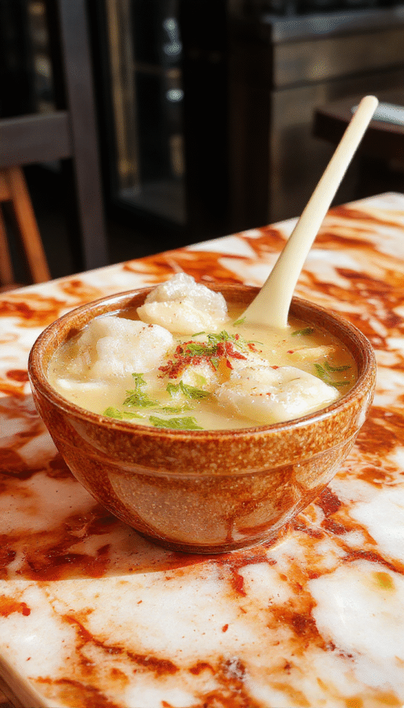 A steaming bowl of wonton soup with golden-brown wontons floating in clear, fragrant broth, topped with green onions and cilantro, served in a white ceramic bowl on a rustic wooden surface with fresh ingredients around.