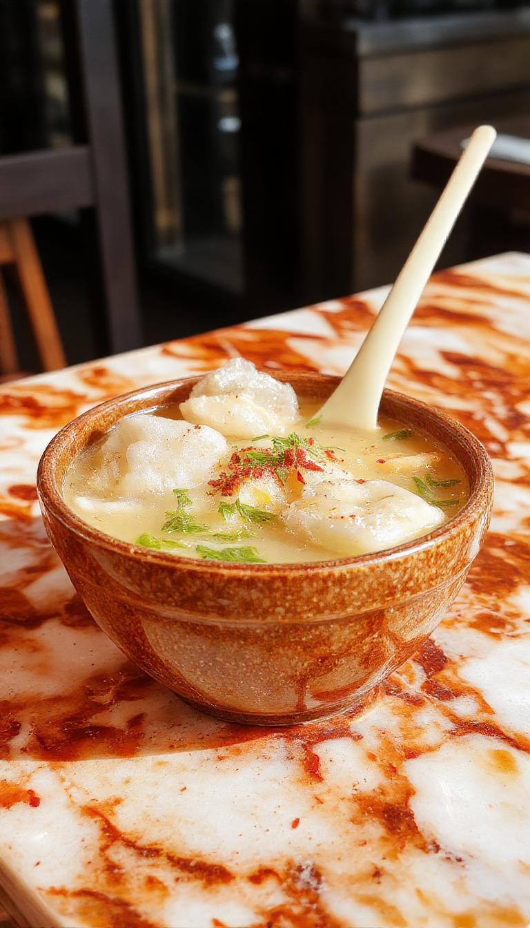 A steaming bowl of wonton soup with golden-brown wontons floating in clear, fragrant broth, topped with green onions and cilantro, served in a white ceramic bowl on a rustic wooden surface with fresh ingredients around.