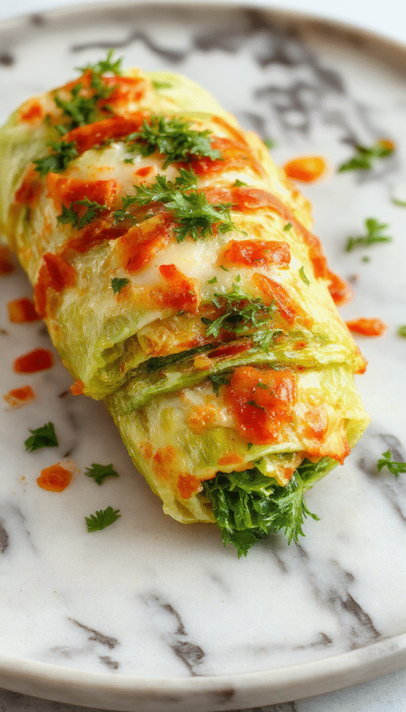 A vibrant plate of cabbage roll wraps featuring fresh green cabbage leaves filled with savory filling, neatly rolled and topped with tomato sauce and sprinkled with herbs, styled on a rustic wooden table with colorful vegetables in the background