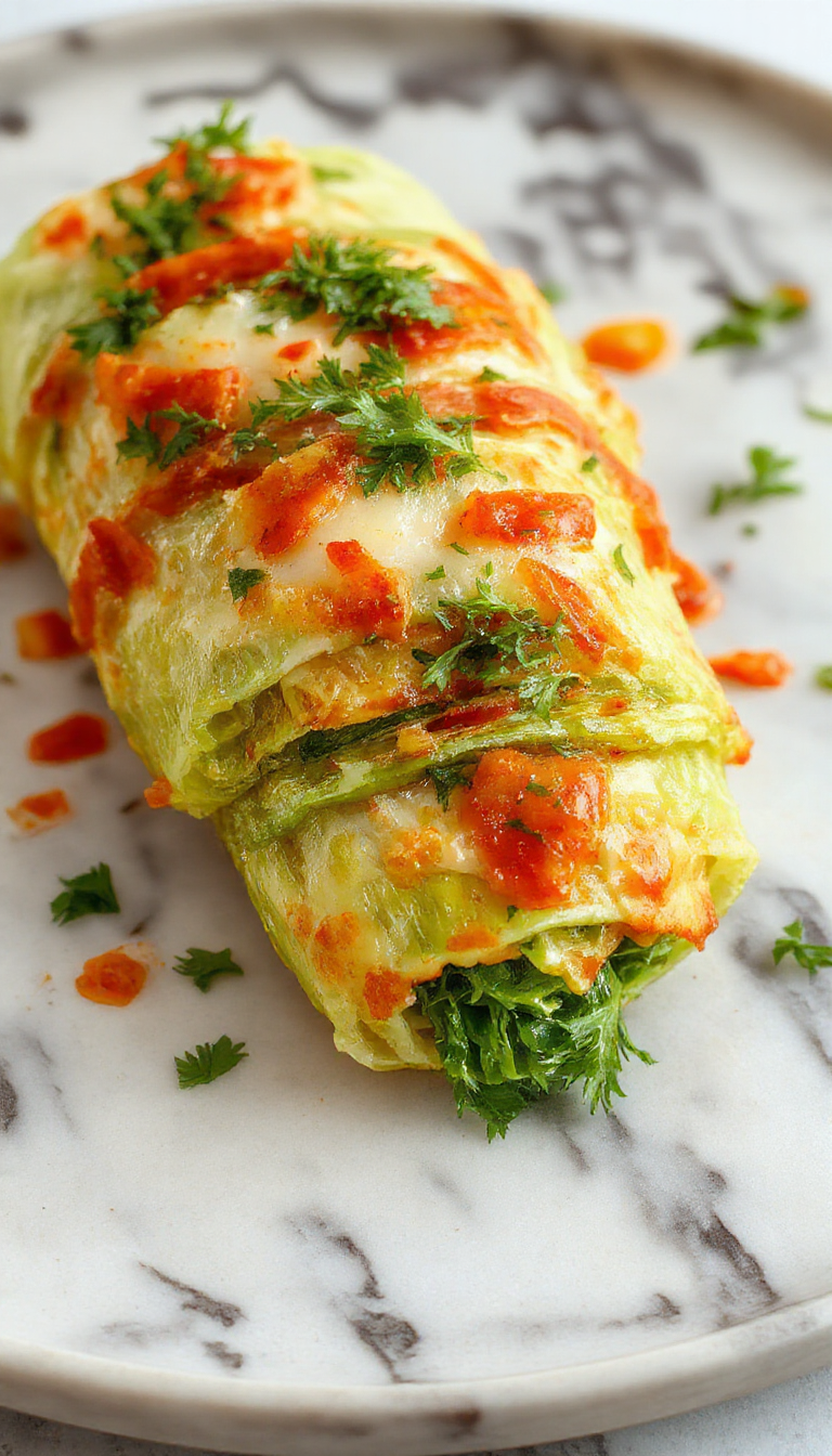A vibrant plate of cabbage roll wraps featuring fresh green cabbage leaves filled with savory filling, neatly rolled and topped with tomato sauce and sprinkled with herbs, styled on a rustic wooden table with colorful vegetables in the background