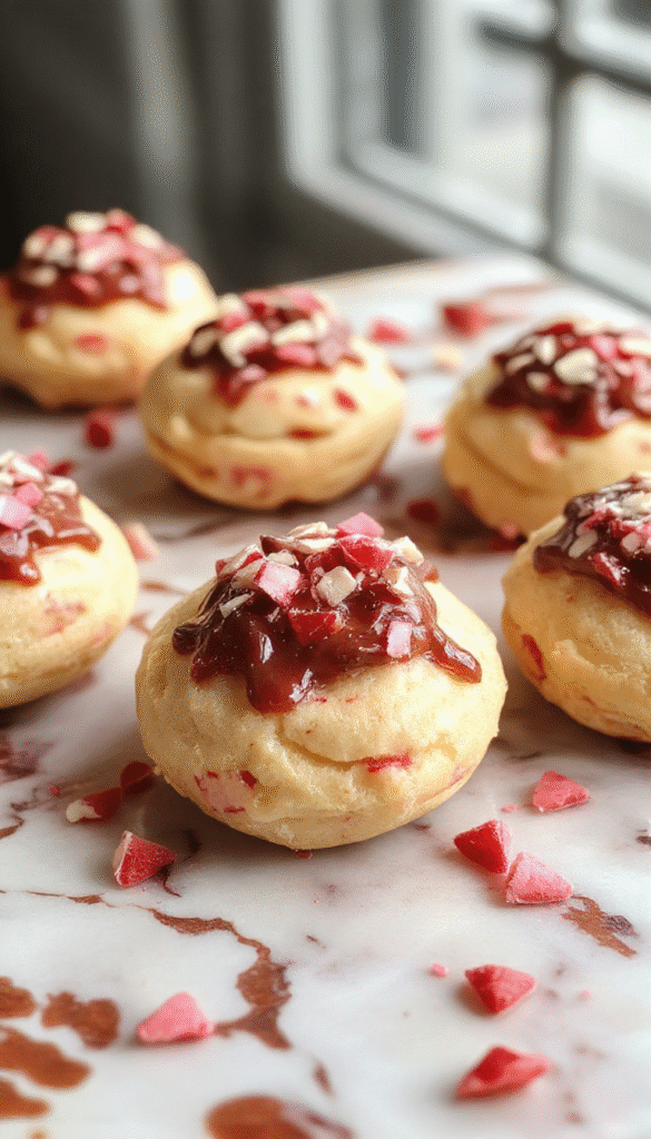 A close-up of glossy dark chocolate ganache filling topped with a drizzle of white chocolate on heart-shaped sugar cookies. The cookies are arranged on a romantic red plate, surrounded by rose petals and delicate pink sprinkles, with a soft-focus background creating a cozy, festive atmosphere.