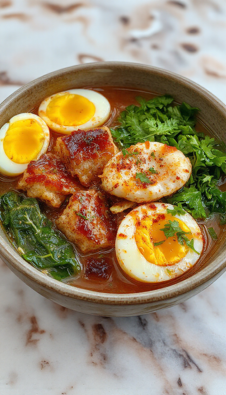 A vibrant ramen bowl with cloudy broth, topped with soft-boiled eggs sliced in half, dumplings, fresh green spinach and scallions, presented in a white ceramic bowl on a rustic wooden table, with steam rising and a background of chopsticks and soy sauce.
