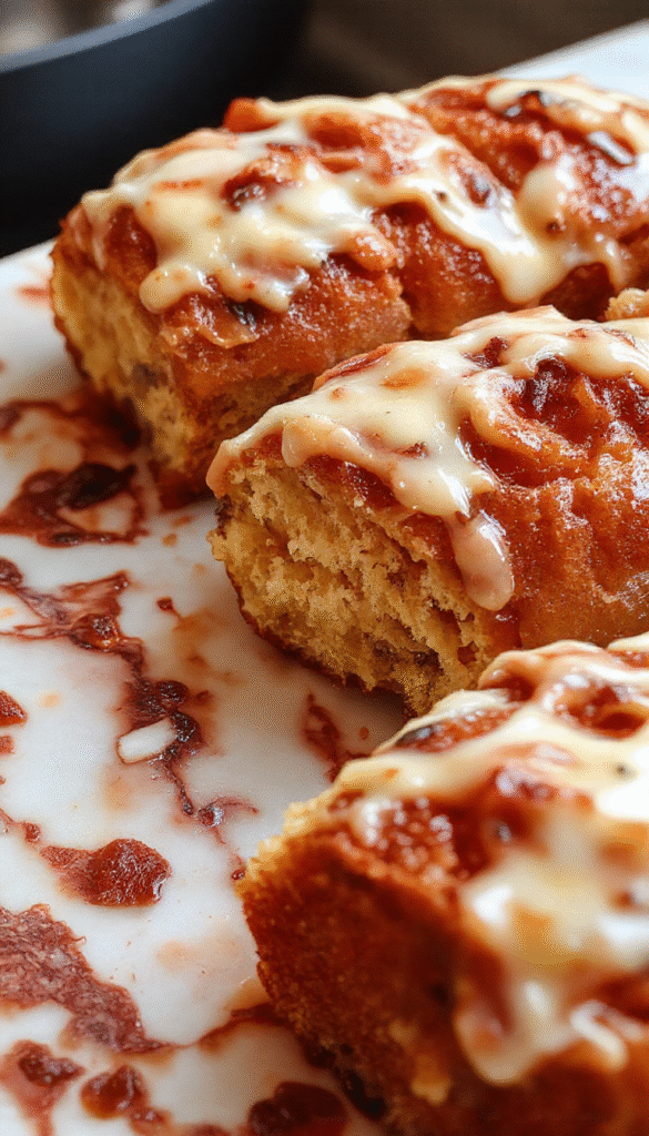 A golden-brown monkey bread pulled apart into individual sticky, sweet, gooey layers, served in a white bowl on a rustic wooden table with a dusting of powdered sugar and a drizzle of caramel sauce, emphasizing its soft texture and caramelized glaze.