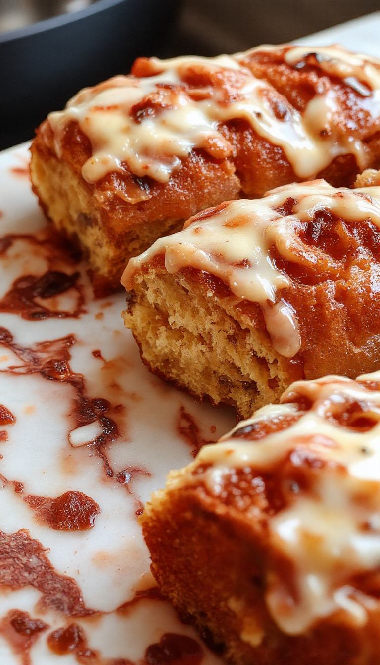 A golden-brown monkey bread pulled apart into individual sticky, sweet, gooey layers, served in a white bowl on a rustic wooden table with a dusting of powdered sugar and a drizzle of caramel sauce, emphasizing its soft texture and caramelized glaze.