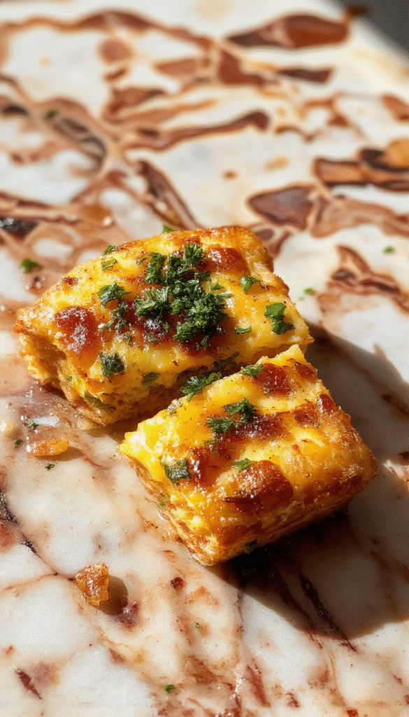 A colorful, flaky breakfast quiche sliced open to reveal a golden crust filled with creamy eggs, cheese, spinach, and ham. The quiche is elegantly plated on a rustic wooden board with fresh herbs scattered around, showcasing its crispy edges and cheesy interior.