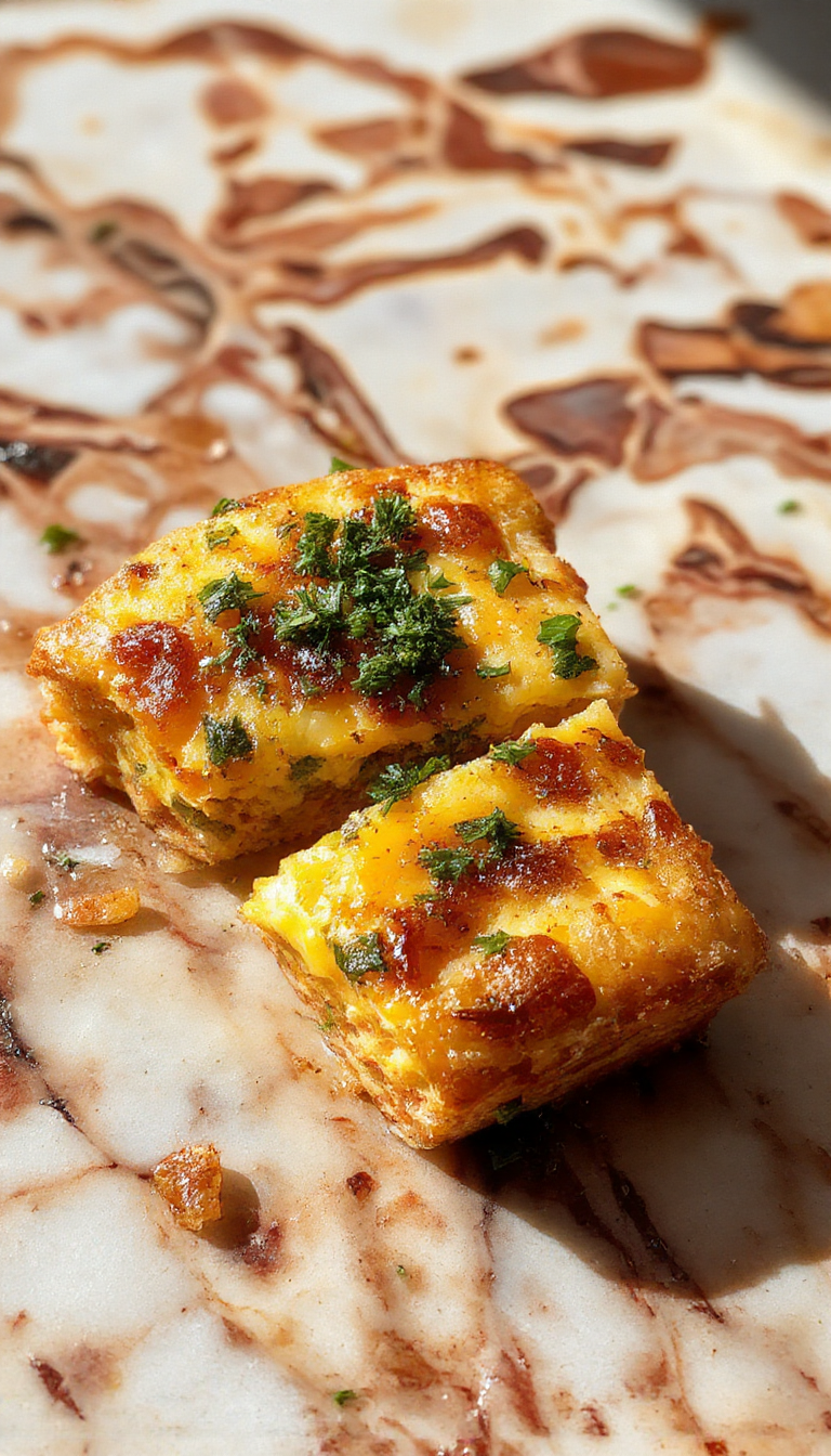 A colorful, flaky breakfast quiche sliced open to reveal a golden crust filled with creamy eggs, cheese, spinach, and ham. The quiche is elegantly plated on a rustic wooden board with fresh herbs scattered around, showcasing its crispy edges and cheesy interior.