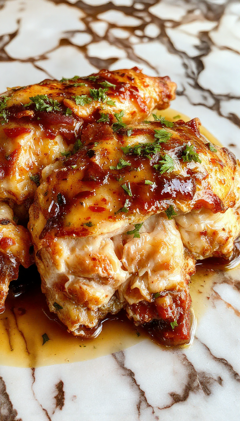 A creamy chicken dish with tender chicken breasts topped with a vibrant tomato, garlic, and herb sauce, served in a rustic white bowl, garnished with fresh basil and pepper, with a creamy sauce texture and colorful ingredients contrasting against a wooden background.