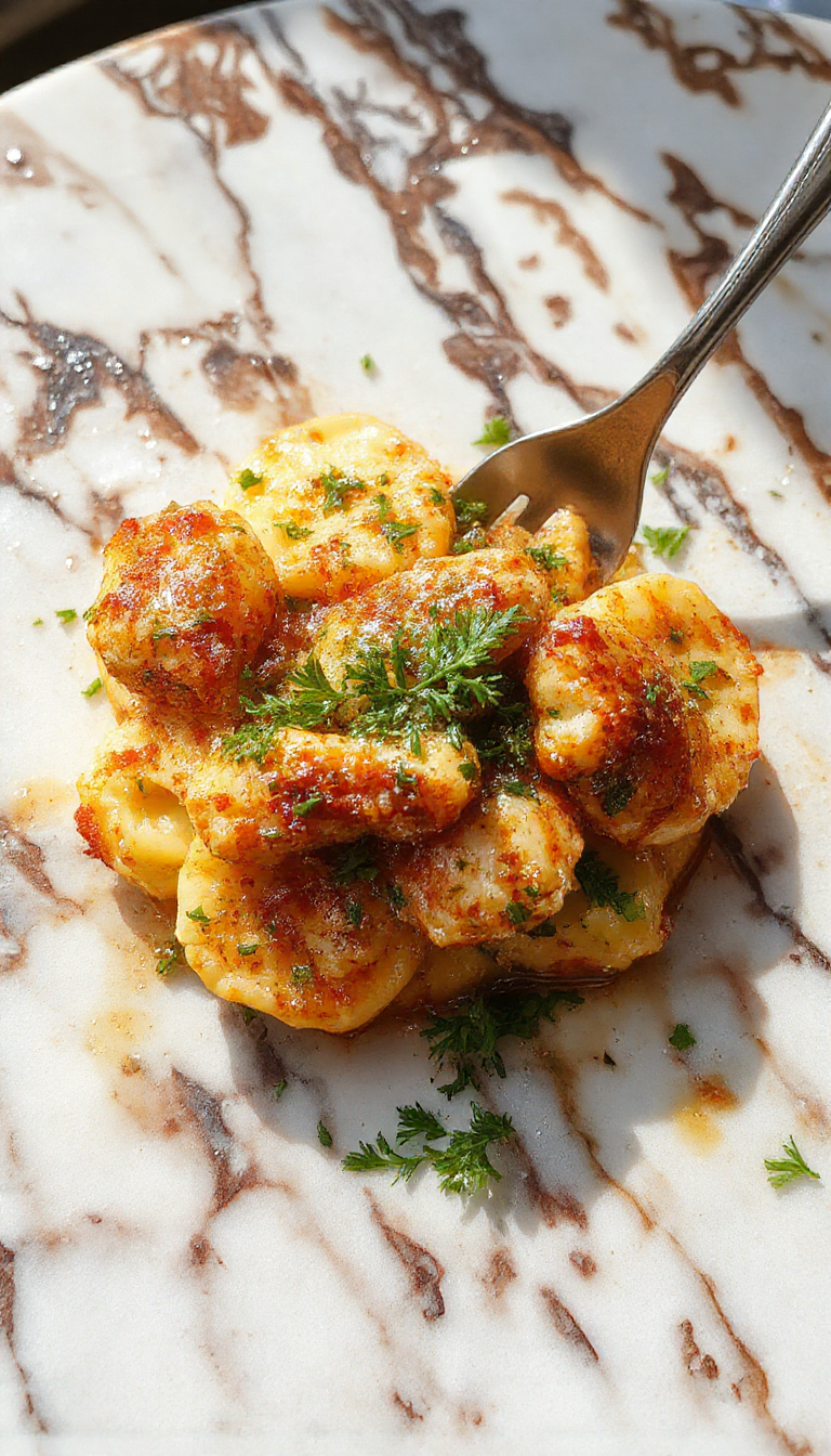 Vivid image of a steaming bowl of chicken tortellini garnished with chopped herbs, garlic butter sauce glistening, served on a rustic wooden table with a spoonful of sauce drizzled on top, vibrant red chili flakes sprinkled for spice, colorful ingredients surrounding the dish.