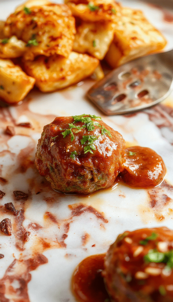 Colorful crockpot filled with glossy, glazed sweet chili meatballs garnished with fresh chopped green herbs, served on a white plate with a side of steamed rice, surrounded by bright red chili slices and vibrant green cilantro, showcasing a savory, sticky texture in a cozy kitchen setting.
