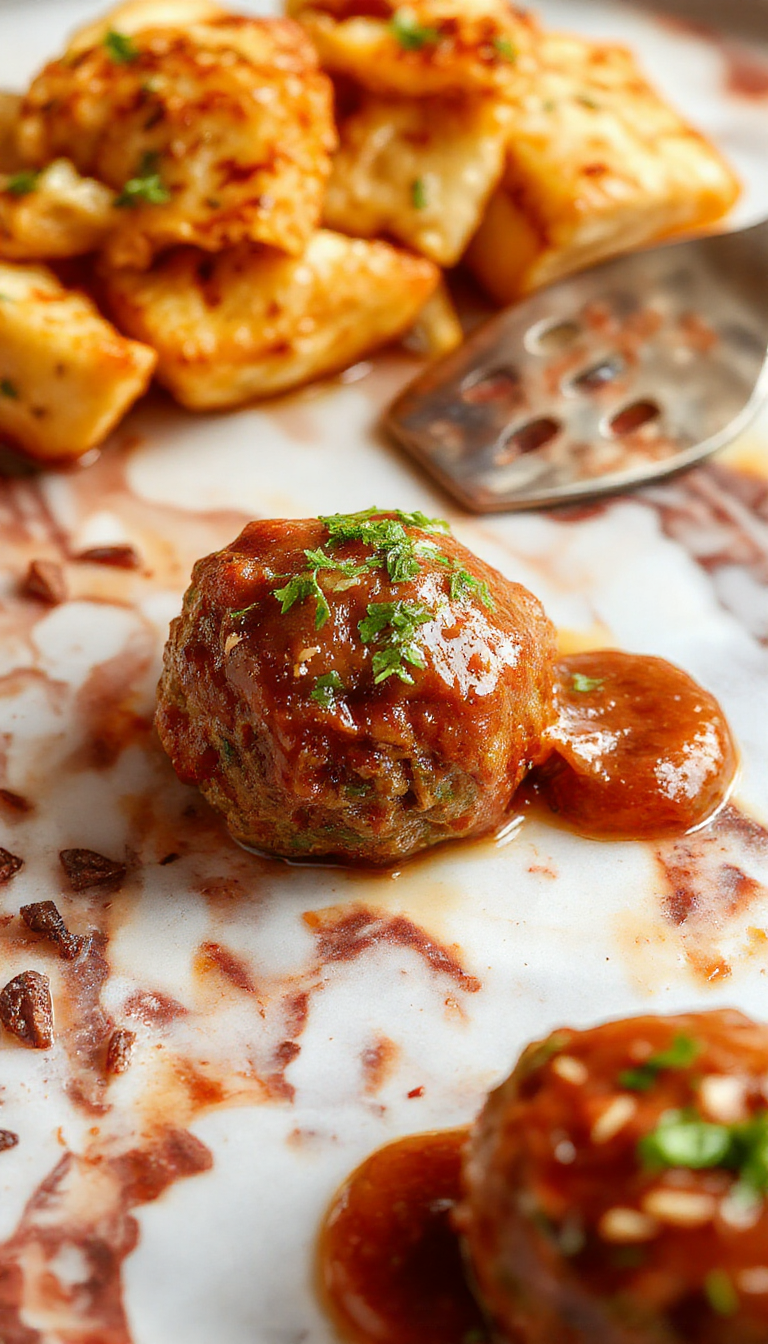 Colorful crockpot filled with glossy, glazed sweet chili meatballs garnished with fresh chopped green herbs, served on a white plate with a side of steamed rice, surrounded by bright red chili slices and vibrant green cilantro, showcasing a savory, sticky texture in a cozy kitchen setting.