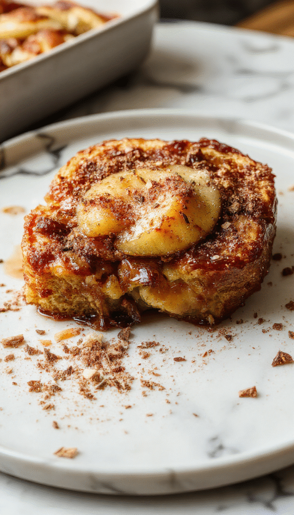 A golden-brown French Toast Bake topped with caramelized cinnamon apples, dusted with powdered sugar, served in a white dish, with slices revealing tender bread and fresh apple chunks, styled on a rustic wooden table with cinnamon sticks and apple slices in the background.