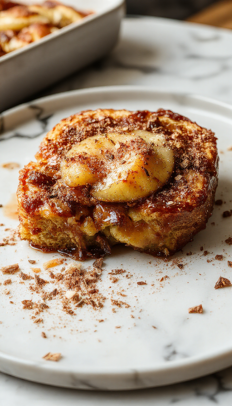 A golden-brown French Toast Bake topped with caramelized cinnamon apples, dusted with powdered sugar, served in a white dish, with slices revealing tender bread and fresh apple chunks, styled on a rustic wooden table with cinnamon sticks and apple slices in the background.