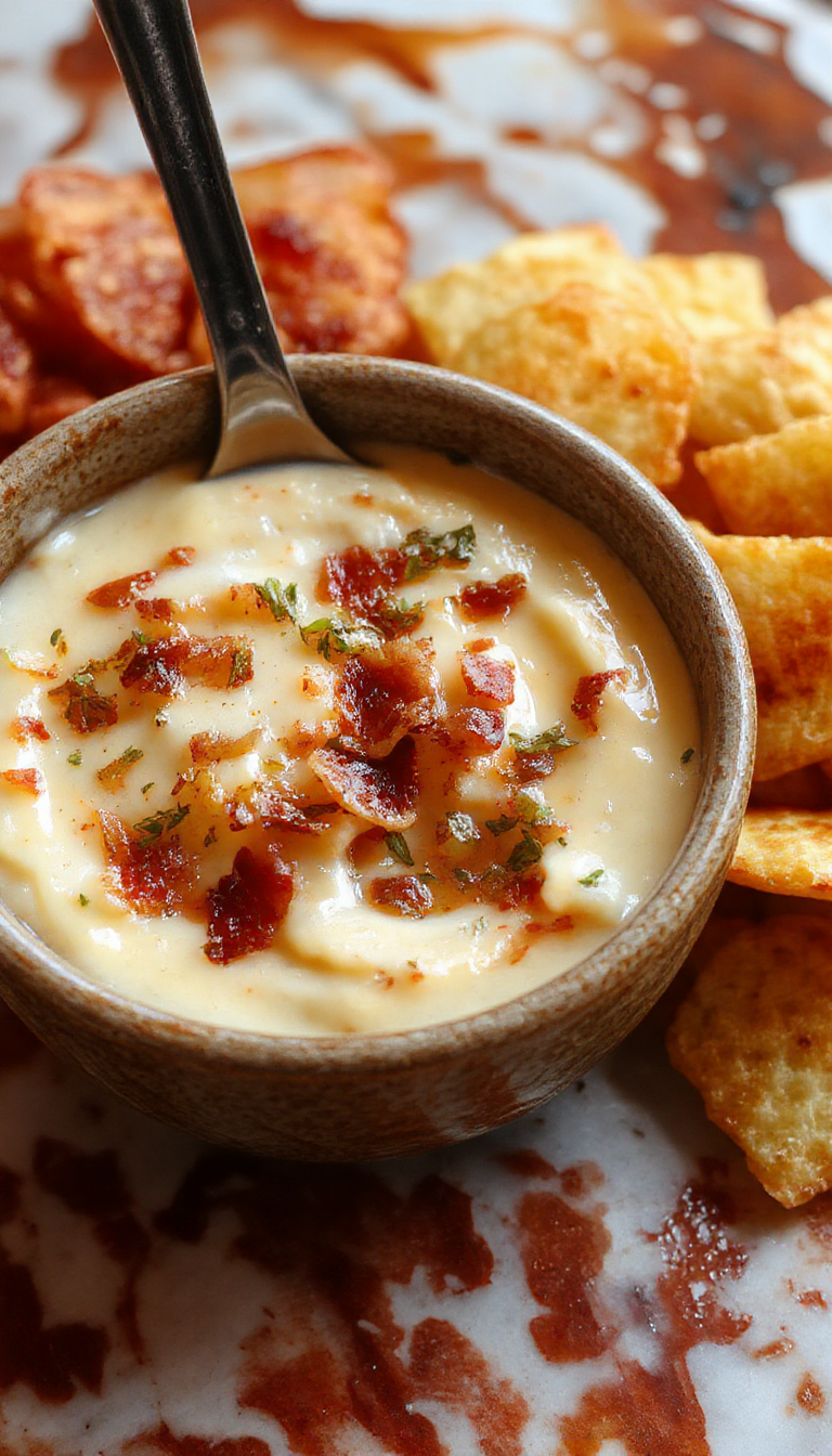 A creamy cheese dip topped with crispy bacon bits and drizzled with rich maple syrup, served in a round white bowl on a rustic wooden platter with fresh herbs and bread slices in the background.