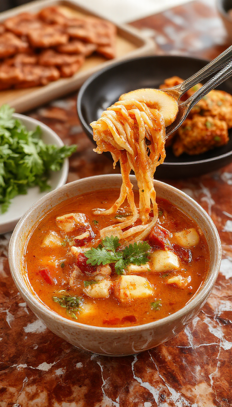 A vibrant bowl of Thai Red Curry Noodle Soup featuring a rich orange-red curry broth topped with fresh herbs, julienned vegetables, and rice noodles, garnished with lime wedges and chili slices, set on a rustic wooden table with chopsticks and a side of lime.